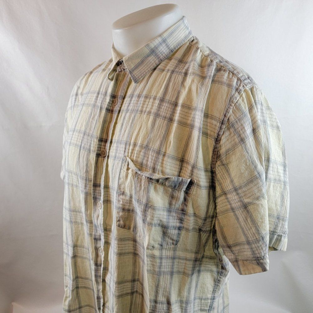 Vince Shirt Mens XL Yellow Gray Button Up Short Sleeve Plaid Linen Classic Fit